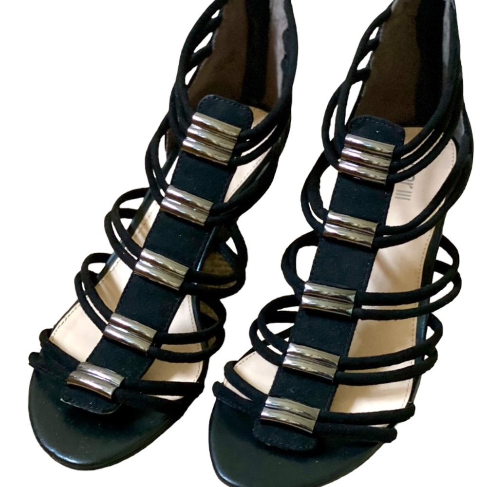 Bar 111 Black Velvet Straps Wedge Sandal Smoke Grey Metal Embellished NEW Sz 8.5